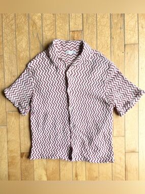Zara Textured Chevron Knit Button-Up Shirt Red White Coastal Grandad Size Xl